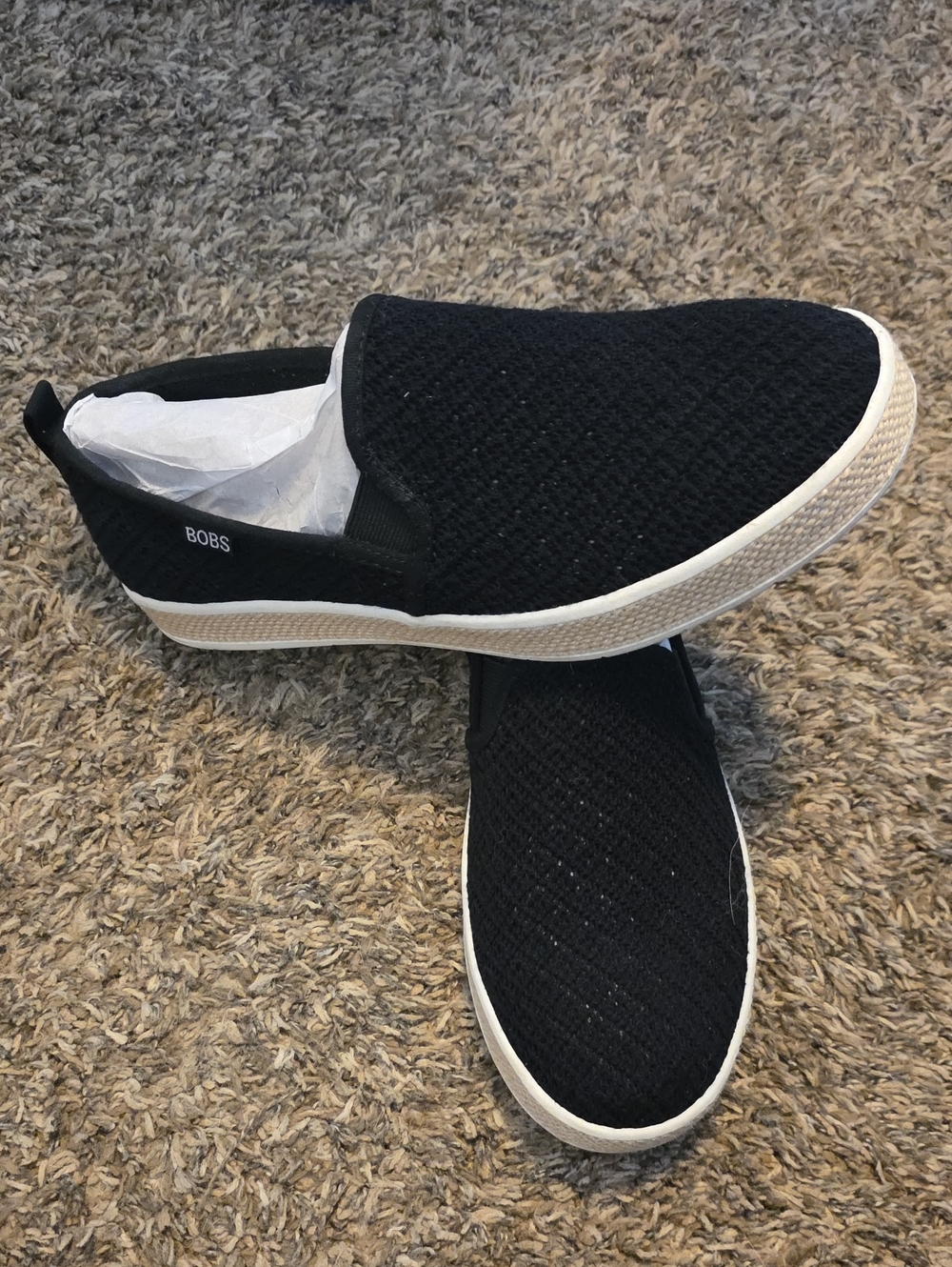 Skechers BOBS Women's Slip-On Knit Loafers in Black and White
